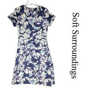 Soft Surroundings Floral Faux Wrap Dress Navy Blue Short Sleeve Cotton 28045 M